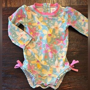Ruffle Butts Pastel Pink / Aqua Floral Long Sleeve One piece Swimsuit Rash Guard
